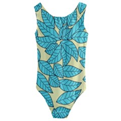 Leaves Dried Leaves Stamping Blue Yellow Kids  Cut-out Back One Piece Swimsuit by Simbadda
