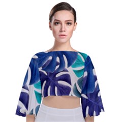Leaves Tropical Blue Green Nature Tie Back Butterfly Sleeve Chiffon Top by Simbadda