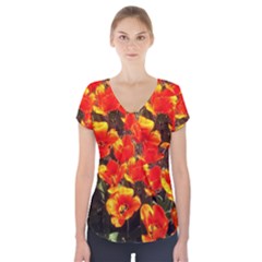 Orange Tulips At The Commons Short Sleeve Front Detail Top by Riverwoman
