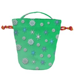 Snowflakes Winter Christmas Green Drawstring Bucket Bag by HermanTelo