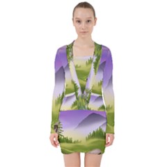 Digital Art Painting Landscape V-neck Bodycon Long Sleeve Dress by Wegoenart