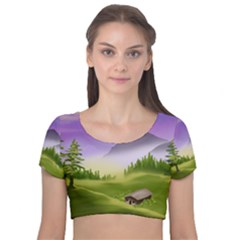 Digital Art Painting Landscape Velvet Short Sleeve Crop Top  by Wegoenart