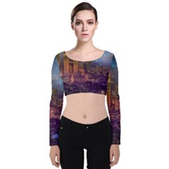 City Lights Skyline Buildings Velvet Long Sleeve Crop Top by Wegoenart