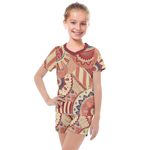 Pop Art Paisley Flowers Ornaments Multicolored 4 Background Solid Dark Red Kids  Mesh Tee And Shorts Set by EDDArt