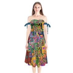 Modern Geometric Art   Dancing In The City Background Solid Dark Blue Shoulder Tie Bardot Midi Dress by EDDArt