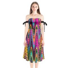 Multicolored Wave Distortion Zigzag Chevrons 2 Background Color Solid Black Shoulder Tie Bardot Midi Dress by EDDArt