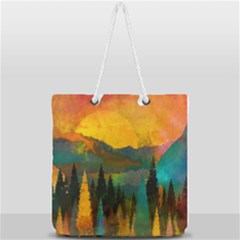 Trees Mountains Sun Sunrise Warm Full Print Rope Handle Tote (large) by Pakrebo
