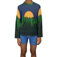 Neon City Retro Grid 80s Kids  Long Sleeve Swimwear by Pakrebo