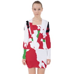 Malawi Flag Map Geography Outline V-neck Bodycon Long Sleeve Dress by Sapixe