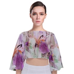 Iris Digital Painting Flower Pastel Tie Back Butterfly Sleeve Chiffon Top by Pakrebo