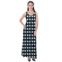 White Flower Pattern On Green Black Sleeveless Velour Maxi Dress by BrightVibesDesign