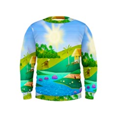 Tropical Resort Huts Lake River Kids  Sweatshirt by Simbadda