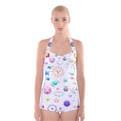 Shapes Stars Moon Sun Pattern Boyleg Halter Swimsuit  by Simbadda