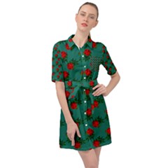 Red Roses Teal Green Belted Shirt Dress by snowwhitegirl