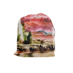 Lighthouse Ocean Sunset Seagulls Drawstring Pouch (large) by Sudhe