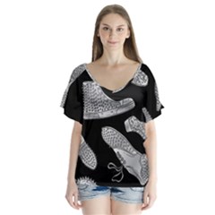 Pattern Shiny Shoes V-neck Flutter Sleeve Top by Sudhe