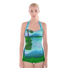 Landscape Illustration Nature Tree Boyleg Halter Swimsuit  by Simbadda