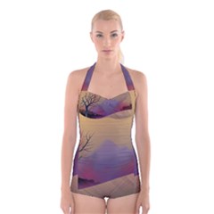 Landscape Illustration Nature Sky Boyleg Halter Swimsuit  by Simbadda