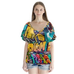 Graffiti Street Art Mountains Wall V-neck Flutter Sleeve Top by Simbadda