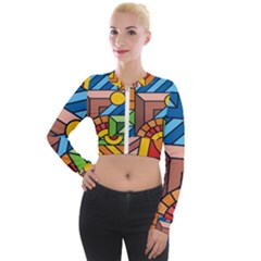 Colorful Geometric Mosaic Background Long Sleeve Cropped Velvet Jacket by Vaneshart