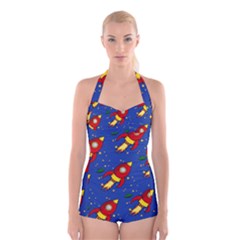 Space Rocket Pattern Boyleg Halter Swimsuit  by Vaneshart