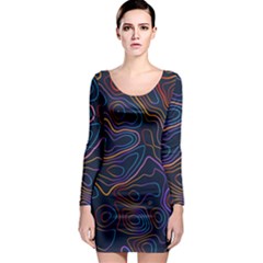Topographic Colorful Contour Illustration Background Long Sleeve Bodycon Dress by Vaneshart