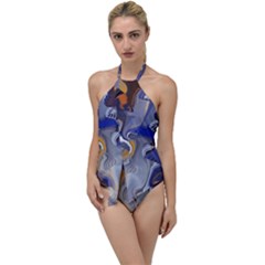 Cobalt Blue Silver Orange Wavy Lines Abstract Go With The Flow One Piece Swimsuit by CrypticFragmentsDesign