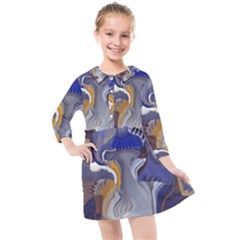 Cobalt Blue Silver Orange Wavy Lines Abstract Kids  Quarter Sleeve Shirt Dress by CrypticFragmentsDesign