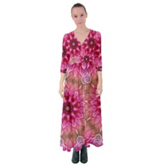 Flower Mandala Art Pink Abstract Button Up Maxi Dress by Simbadda