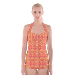  Pattern Abstract Orange Boyleg Halter Swimsuit  by Simbadda