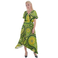 Texture Leaf Pattern Line Green Color Colorful Yellow Circle Ornament Font Art Illustration Design  Cross Front Sharkbite Hem Maxi Dress by Vaneshart
