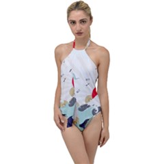 Mountain Sun Japanese Illustration Go With The Flow One Piece Swimsuit by Vaneshart