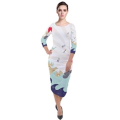 Mountain Sun Japanese Illustration Quarter Sleeve Midi Velour Bodycon Dress by Vaneshart