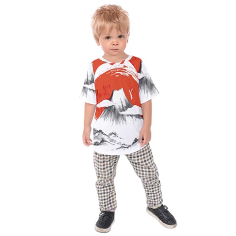 Mount Fuji Mountain Ink Wash Painting Kids  Raglan Tee by Vaneshart