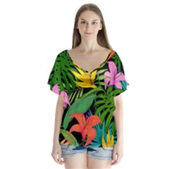 Tropical Greens V-neck Flutter Sleeve Top by Sobalvarro