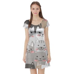Hand Draw Cats Seamless Pattern Short Sleeve Skater Dress by Vaneshart