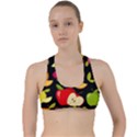Vector Seamless Summer Fruits Pattern Black Background Criss Cross Racerback Sports Bra View1