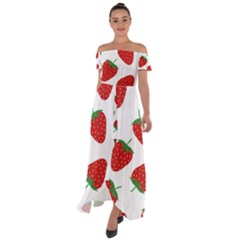 Seamless Pattern Fresh Strawberry Off Shoulder Open Front Chiffon Dress by Vaneshart