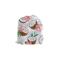 Seamless Pattern Coconut Piece Palm Leaves With Pink Hibiscus Drawstring Pouch (small) by Vaneshart