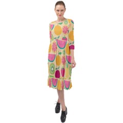 Seamless Pattern With Fruit Vector Illustrations Gift Wrap Design Ruffle End Midi Chiffon Dress by Vaneshart