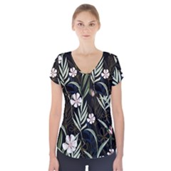 Trending Abstract Seamless Pattern With Colorful Tropical Leaves Plants Black Background Short Sleeve Front Detail Top by Vaneshart