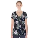 Trending Abstract Seamless Pattern With Colorful Tropical Leaves Plants Black Background Short Sleeve Front Detail Top View1