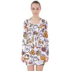 Honey Seamless Pattern V-neck Bodycon Long Sleeve Dress by Vaneshart