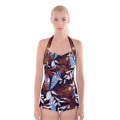 Trending Abstract Seamless Pattern With Colorful Tropical Leaves Plants Black Boyleg Halter Swimsuit  by Vaneshart