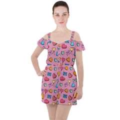 Candy Pattern Ruffle Cut Out Chiffon Playsuit by Sobalvarro