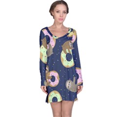 Cute Sloth With Sweet Doughnuts Long Sleeve Nightdress by Sobalvarro