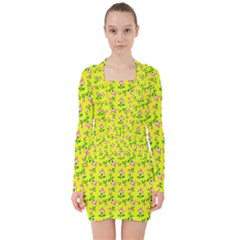 Carnation Pattern Yellow V-neck Bodycon Long Sleeve Dress by snowwhitegirl