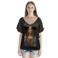 Salvator Mundi Leonardo Davindi 1500 Jesus Christ Savior Of The World Original Paint Most Expensive In The World V-neck Flutter Sleeve Top by snek