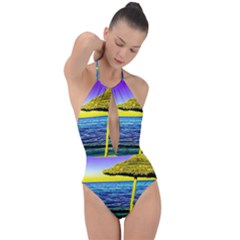 Pop Art Beach Umbrella  Plunge Cut Halter Swimsuit by essentialimage