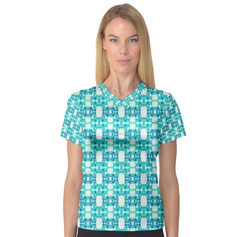 Teal White  Abstract Pattern V-neck Sport Mesh Tee by BrightVibesDesign